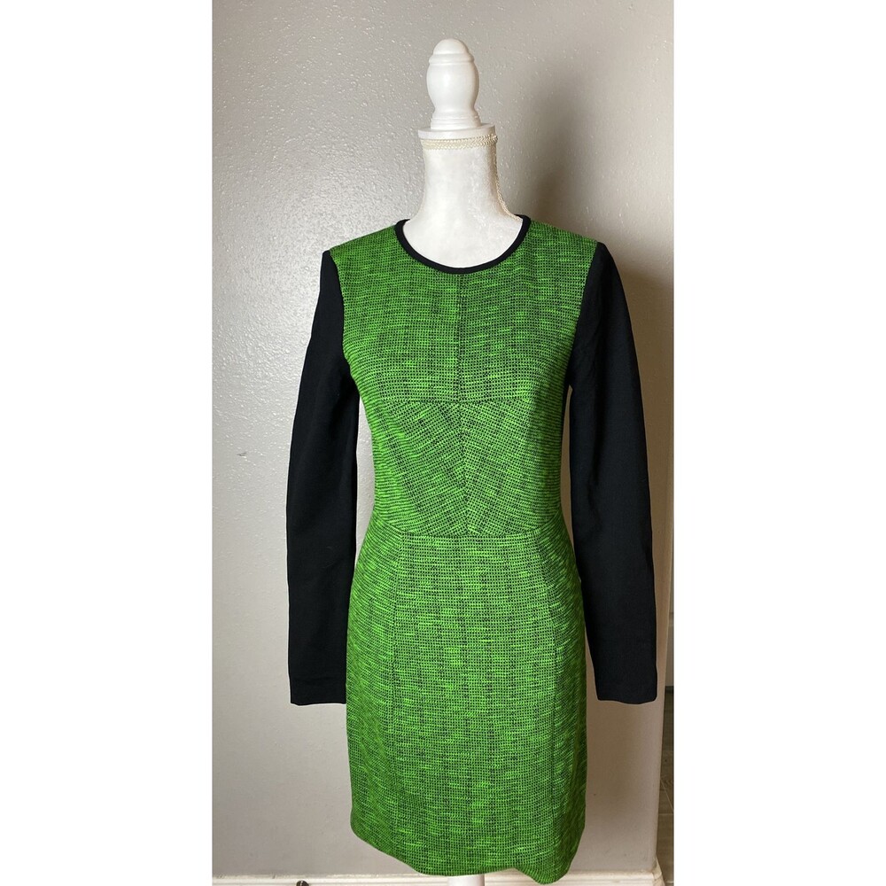 Tibi Green Tweed shift Dress long sleeve